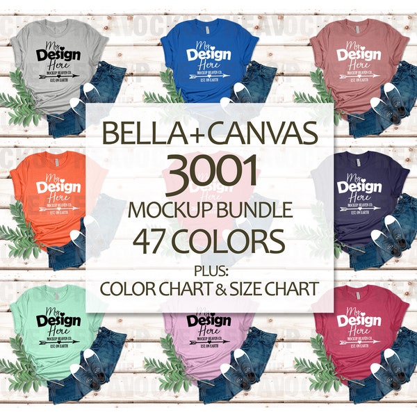 Bella Canvas 3001 Mockup Bundle Farbkarte & Größentabelle enthalten 47 Druckfarben Print On Demand Flaches T-Shirt Mockups