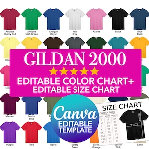 Plantilla de Canva Gildan 2000 Tabla de colores editable + Tabla de tallas editable Maqueta de Canva PNG de camiseta Gildan con arrastrar y soltar