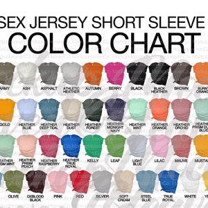 Puede incluir: Carta de colores para camisetas de manga corta unisex. La carta muestra 48 colores diferentes, incluyendo aqua, ej&eacute;rcito, ceniza, asfalto, heather atl&eacute;tico, oto&ntilde;o, baya, negro, heather negro, marr&oacute;n, naranja quemado, heather gris oscuro, bosque, oro, heather azul, heather azul oscuro, heather polvo, heather bosque, heather azul medianoche, heather menta, heather naranja, heather orqu&iacute;dea, heather prisma azul polvoriento, heather prisma azul hielo, heather prisma lila, heather prisma menta, heather prisma melocot&oacute;n, heather frambuesa, verdadero royal, kelly, hoja, azul claro, lila, malva, mostaza, azul marino, azul oc&eacute;ano, oliva, negro sangre de buey, rosa, rojo, plata, crema suave, azul acero, verdadero royal, blanco y amarillo.