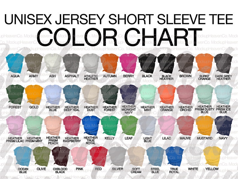 Puede incluir: Carta de colores para camisetas de manga corta unisex. La carta muestra 48 colores diferentes, incluyendo aqua, ej&eacute;rcito, ceniza, asfalto, heather atl&eacute;tico, oto&ntilde;o, baya, negro, heather negro, marr&oacute;n, naranja quemado, heather gris oscuro, bosque, oro, heather azul, heather azul oscuro, heather polvo, heather bosque, heather azul medianoche, heather menta, heather naranja, heather orqu&iacute;dea, heather prisma azul polvoriento, heather prisma azul hielo, heather prisma lila, heather prisma menta, heather prisma melocot&oacute;n, heather frambuesa, verdadero royal, kelly, hoja, azul claro, lila, malva, mostaza, azul marino, azul oc&eacute;ano, oliva, negro sangre de buey, rosa, rojo, plata, crema suave, azul acero, verdadero royal, blanco y amarillo.