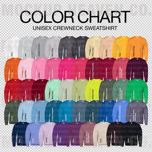May include: A colour chart displaying a range of crewneck sweatshirt colours. The chart includes colours such as white, ash, graphite heather, sport grey, charcoal, dark heather, yellow haze, old gold, gold, safety orange, orange, light pink, azalea, safety pink, heliconia, paprika, antique cherry red, cardinal red, heather sport red, scarlet red, maroon, navy, violet, orchid, purple, plum, heather sport, dark maroon, sand, dark chocolate, black, forest, light blue, carolina blue, garnet, mint green, serene green, kiwi, safety green, military green, heather sport, dark green, Irish green, antique sapphire, sapphire, indigo blue, legion blue, royal, heather sport royal, dark navy, and heather sport.