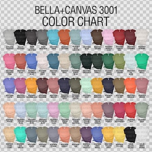 Pu&ograve; includere: Tabella colori che mostra 50 diversi colori di t-shirt Bella + Canvas 3001. I colori sono disposti in righe e colonne, con ogni colore rappresentato da una t-shirt piegata.