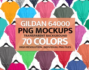 Gildan 64000 PNG Mockup Bundle Transparenter Hintergrund + Farbkarte | Kleiderbügel-Stil, 70 Farben, Frauen-T-Shirt Mockups Gildan Tshirt Mockups