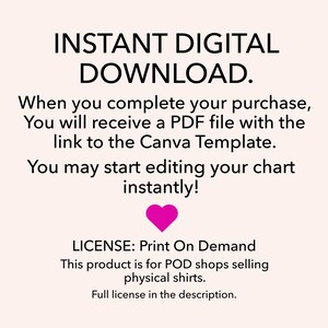 May include: Text graphic with the words "INSTANT DIGITAL DOWNLOAD."  The text below explains that after purchase, a PDF file with a link to a Canva template will be provided.  The text also states that the chart can be edited instantly.  The text "LICENSE: Print On Demand" is at the bottom of the graphic, followed by the text "This product is for POD shops selling physical shirts. Full license in the description."