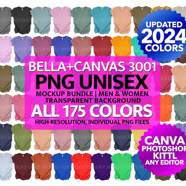 Bella Canvas 3001 PNG Mockup Bundle All 175 Heather + Solid Jersey Colors Unisex Style Transparent Background Men's Women's UPDATED 2024