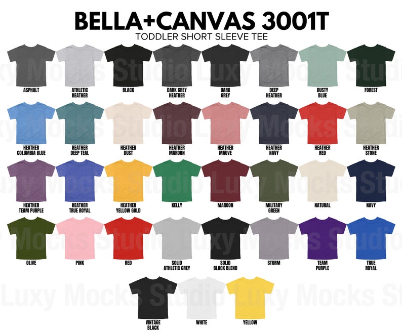 以下が含まれることがあります： ベラ+キャンバス 3001T 幼児用半袖Tシャツのカラーチャートです。チャートには、アスファルト、アスレチックヘザー、ブラック、ダークグレーヘザー、ダークグレー、ディープヘザーピー、ダスティブルー、フォレスト、ヘザーコロンビアブルー、ヘザーディープティール、ヘザーダスト、ヘザーマロン、ヘザーモーブ、ヘザーネイビー、ヘザーレッド、ヘザーストーン、ヘザーチームパープル、ヘザートゥルーロイヤル、ヘザーイエローゴールド、ケリー、マロン、ミリタリーグリーン、ナチュラル、ネイビー、オリーブ、ピンク、レッド、ソリッドアスレチックグレー、ソリッドブラックブレンド、ストーム、チームパープル、トゥルーロイヤル、ビンテージブラック、ホワイト、イエローなど、30種類の異なる色が表示されています。