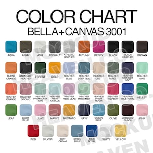 Tabla de colores de Bella Canvas 3001 para camisetas unisex de Printful Tabla de colores para listados de tiendas Descarga digital Colores de Bella Canvas para Printful