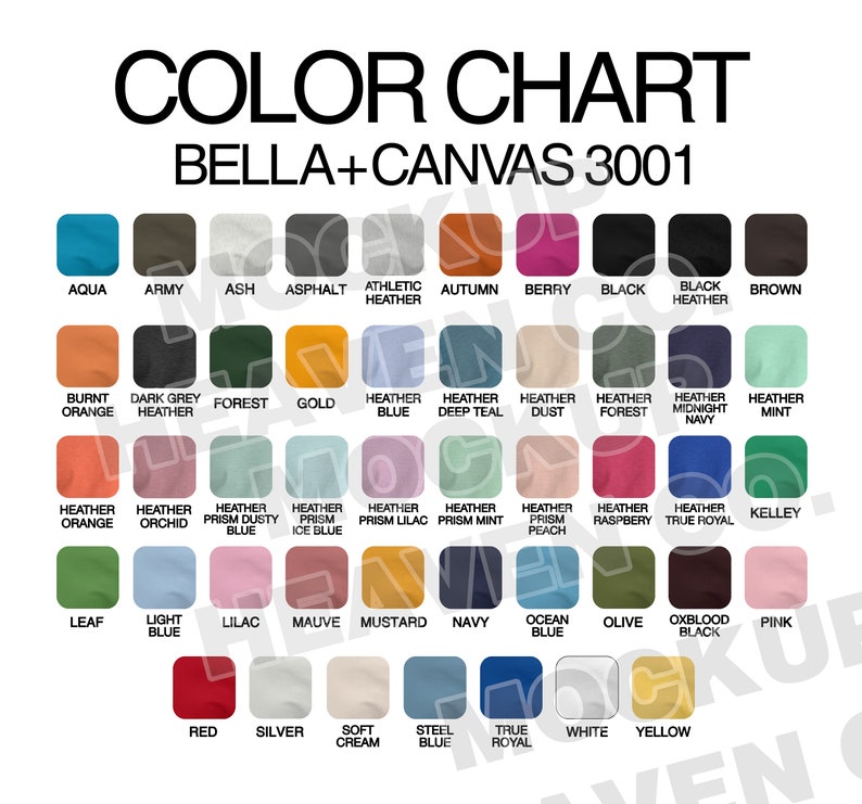 Printful Color Chart for Bella Canvas 3001 Unisex T-shirt | Etsy