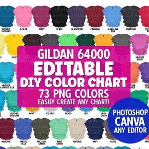 Fully Editable Color Chart Gildan 64000 G640 Softstyle T-shirt 73 PNG Transparent Swatches | Includes Full Color Chart + Size Chart