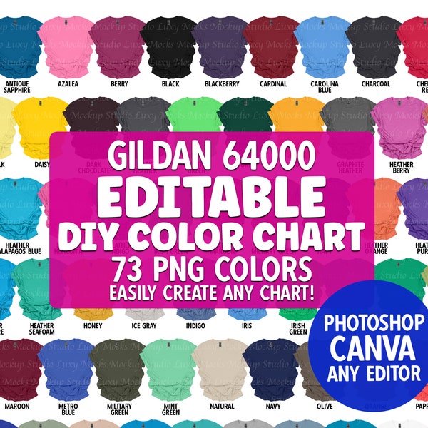 Fully Editable Color Chart Gildan 64000 G640 Softstyle T-shirt 73 PNG Transparent Swatches | Includes Full Color Chart + Size Chart