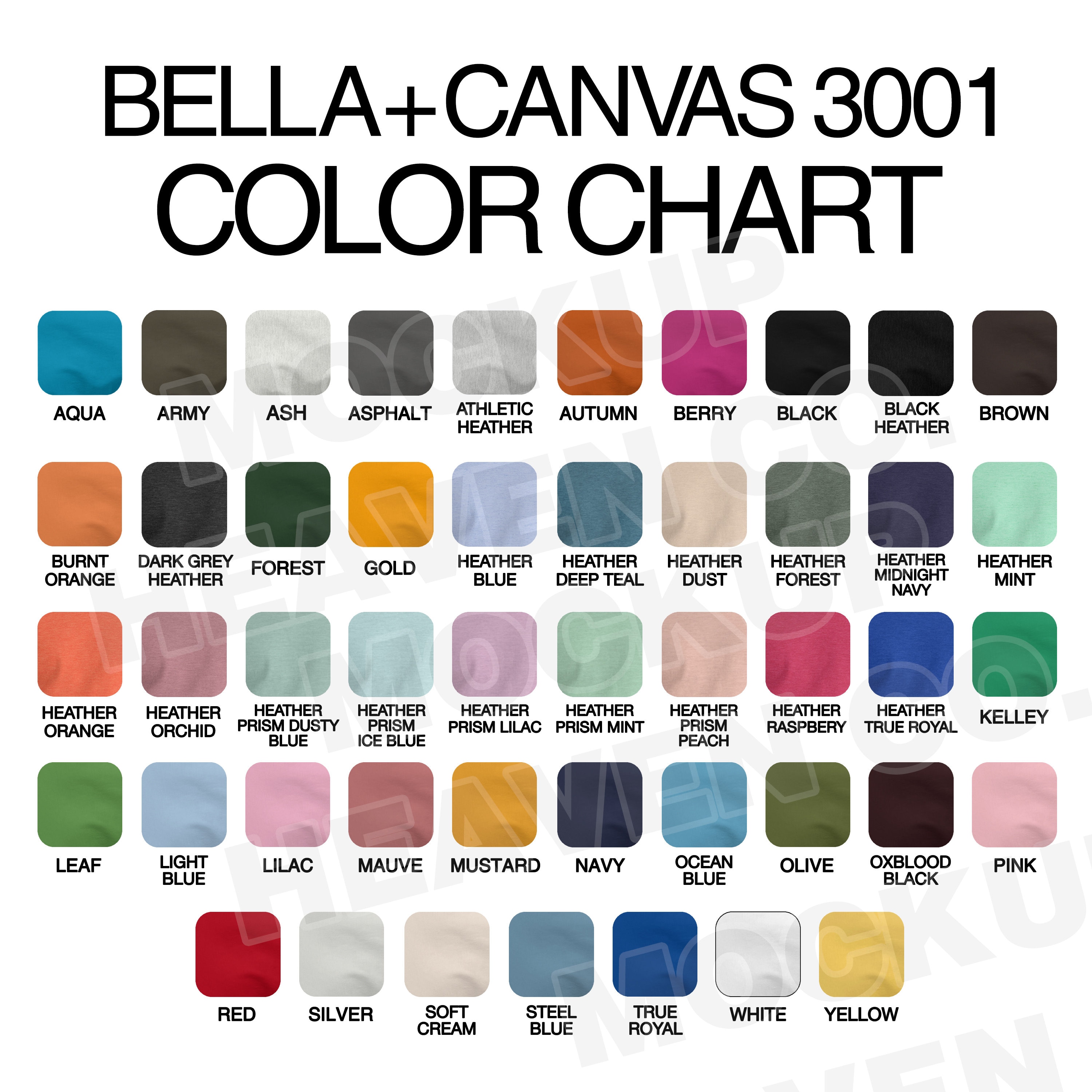 Printful Color Chart for Bella Canvas 3001 Unisex Tshirt Etsy