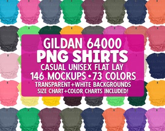 Gildan 64000 Shirt Mockup Bundle: Flat Lay PNG, Color & Size Charts (Digital Download)