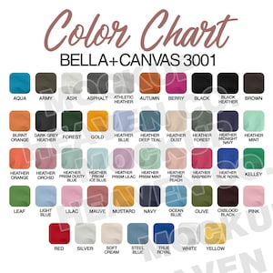 Tabla de colores de Bella Canvas 3001 para camisetas unisex de Printful Tabla de colores para listados de tiendas Descarga digital Colores de Bella Canvas para Printful