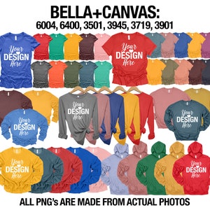Puede incluir: Una variedad de camisetas Bella + Canvas en diferentes colores y estilos, incluyendo manga corta, manga larga y sudaderas con capucha. Las camisetas est&aacute;n todas en blanco y presentan el texto "Your Design Here" en blanco.