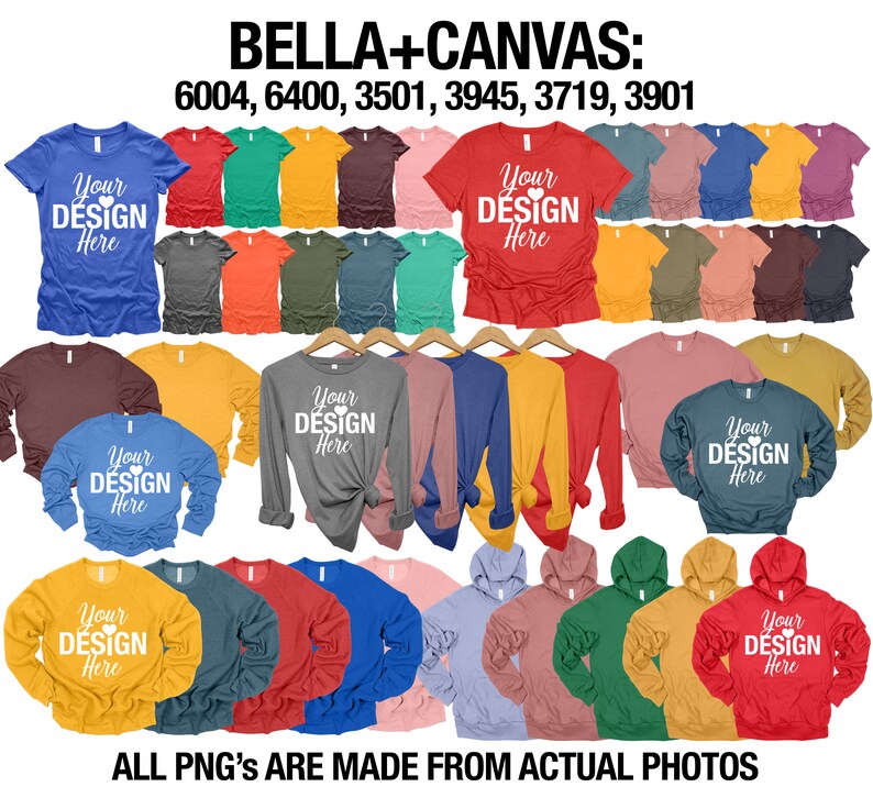Puede incluir: Una variedad de camisetas Bella + Canvas en diferentes colores y estilos, incluyendo manga corta, manga larga y sudaderas con capucha. Las camisetas est&aacute;n todas en blanco y presentan el texto "Your Design Here" en blanco.