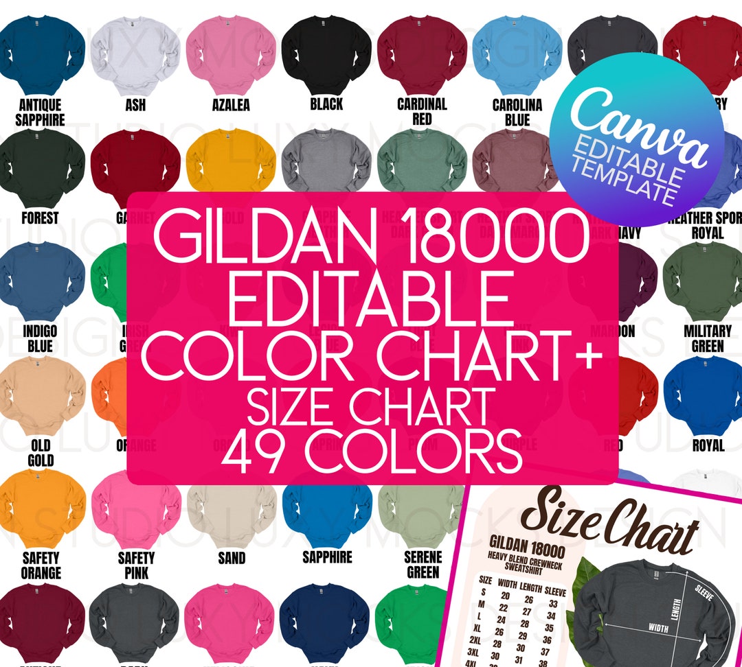 Gildan 18000 Color Chart & Size Chart Canva Template (PNG Mockup) - Etsy