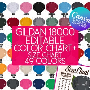 Canva Template Gildan 18000 G180 Editable Color Chart + Size Chart + PNG Transparent Mockup Bundle Unisex Sweatshirt Mockups