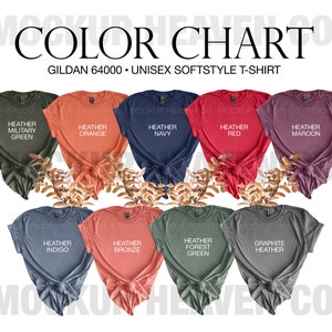 Carta de colores de otoño Heather 64000 de Gildan Camiseta Softstyle G640 con maquetas para mujer Impresión a pedido Camiseta Gildan 64000 Otoño Tema otoñal