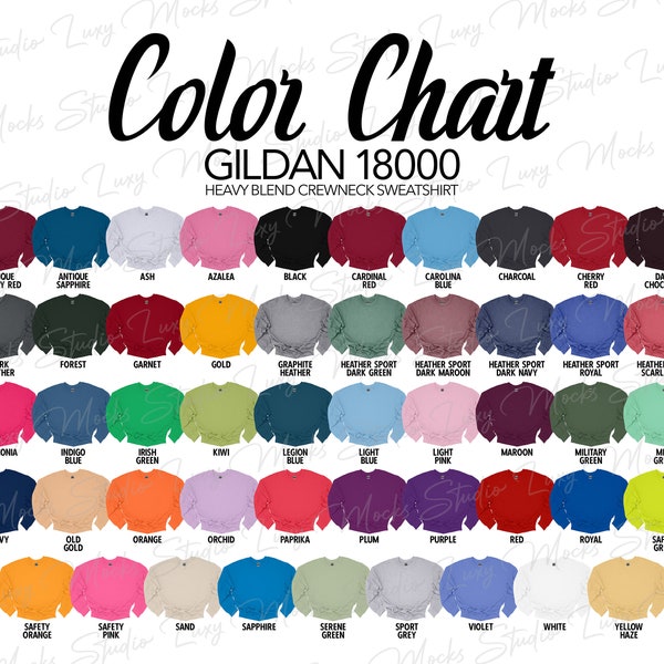 Gildan 18000 G180 Color Chart | Unisex Crewneck Sweatshirt Color Chart | JPEG Format | Instant Digital Download