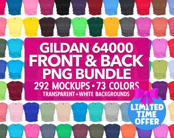 May include: A collection of 292 Gildan 64000 t-shirt mockups in 73 different colors. The mockups feature both front and back views of the shirts and are available with transparent and white backgrounds.  The text "LIMITED TIME OFFER" is displayed in a blue circle with a pink bow.