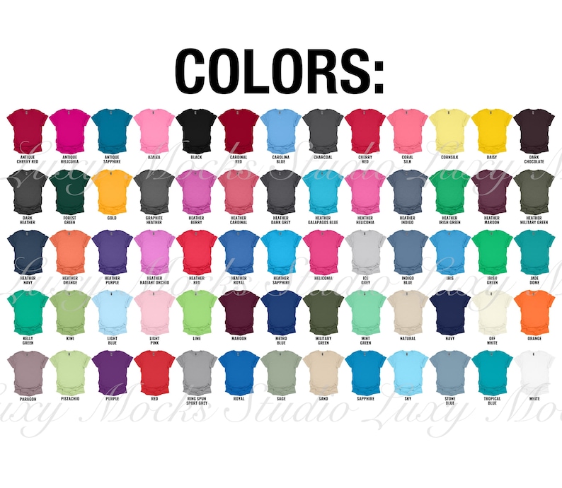 May include: A chart of 50 different colors of t-shirts. The colors are arranged in rows and columns. The colors include: black, white, red, blue, green, yellow, orange, purple, pink, brown, gray, and more.  The text "COLORS:" is at the top of the chart.