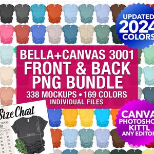 Maqueta de camiseta unisex Bella Canvas 3001 de parte delantera y trasera, paquete PNG transparente, archivos individuales de alta resolución, impresión a pedido 2024