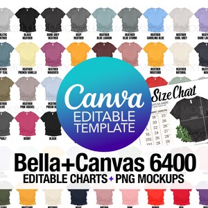 Paquete de tabla de colores editable Bella Canvas 6400 + tabla de tallas + maqueta transparente PNG / Plantilla editable de Canva / Tabla de colores de Canva Tabla de tallas