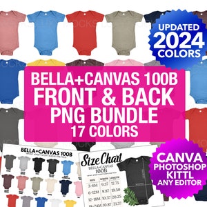 Bella Canvas 100B Paquete de maquetas transparentes PNG frontal y posterior / Paquete de maquetas Baby Infant Onsie / Tabla de tamaños de carta de colores / Baby Onsie Mocks