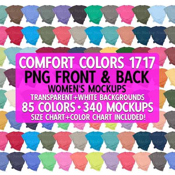 PNG Front & Back Comfort Colors 1717 Transparent Mockup Bundle Women's Knot Flat Lay | Color + Size Chart | Spring Summer Fall Winter