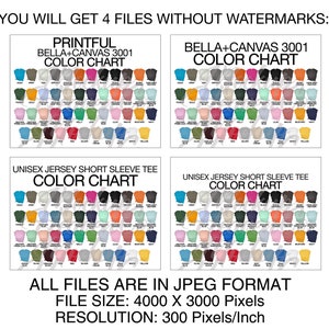 Puede incluir: Carta de colores para camisetas Bella + Canvas 3001, mostrando una variedad de colores, incluyendo negro, blanco, rojo, azul, verde y amarillo. La carta tambi&eacute;n incluye el texto "PRINTFUL" y "UNISEX JERSEY SHORT SLEEVE TEE".