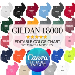 Maqueta de manga de plantilla editable en Canva Gildan 18000 PNG para mujeres y hombres Tabla de colores editable Tabla de tallas Descarga digital G180 X2