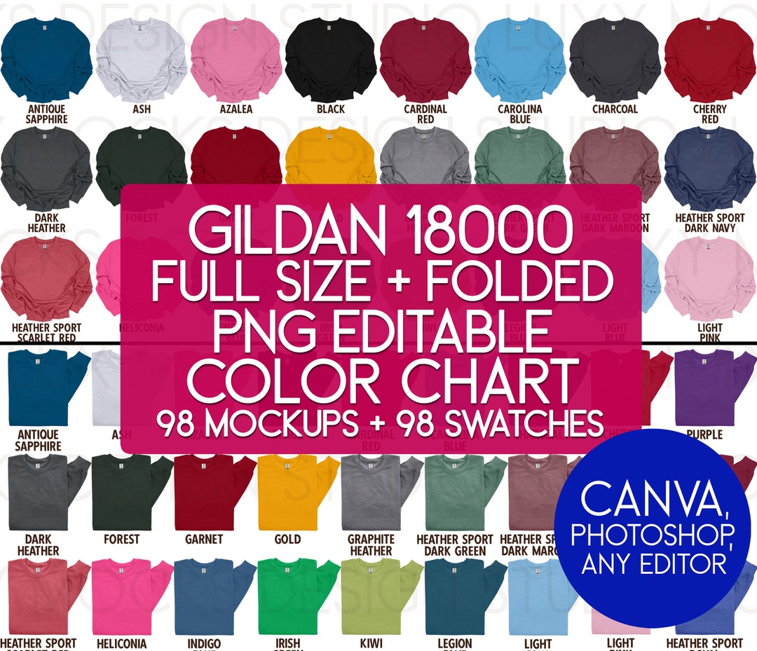 Gildan 18000 G180 PNG Transparent Mockups Editable Color Chart Swatches ...