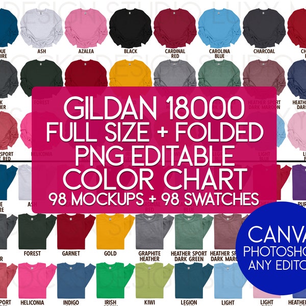 Gildan 18000 G180 PNG Transparent Mockups + Editable Color Chart Swatches 2 Styles Flat Lay + Folded | Fall Winter Holiday For Canva Adobe +
