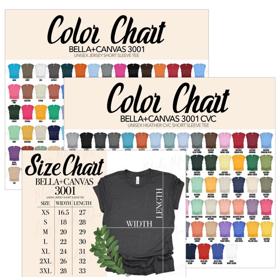 Bella Canvas 3001 Color Chart & Size Chart Bundle (JPEG)