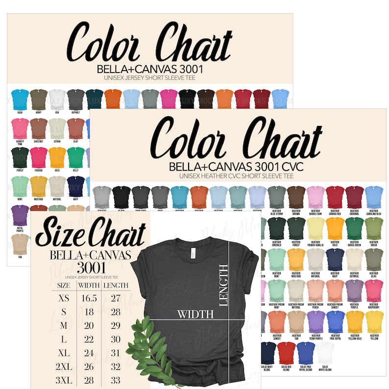 May include: Color chart for Bella + Canvas 3001 unisex jersey short sleeve tee and Bella + Canvas 3001 CVC unisex heather CVC short sleeve tee. The chart shows a variety of colors for each type of shirt. A size chart is also included, showing the width and length of each size in inches. The chart is printed on a dark grey shirt.