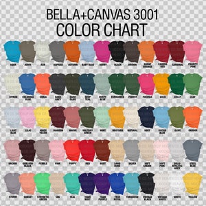Pu&ograve; includere: Tabella colori che mostra 50 colori diversi di t-shirt Bella + Canvas 3001. I colori sono disposti in righe e colonne, con ogni colore rappresentato da una piccola immagine di una t-shirt.