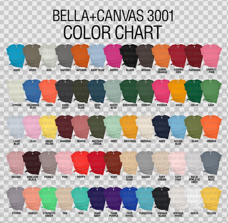 Pu&ograve; includere: Tabella colori che mostra 50 colori diversi di t-shirt Bella + Canvas 3001. I colori sono disposti in righe e colonne, con ogni colore rappresentato da una piccola immagine di una t-shirt.