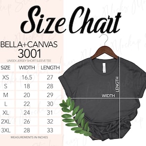 Bella Canvas 3001 Maattabel | Platliggende hangerstijl | JPEG-indeling | Uniseks Heren Dames | Direct downloaden | Bella Canvas 3001 Maattabel