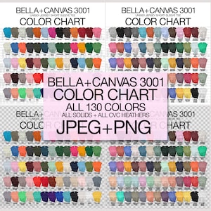 Maqueta de Bella Canvas 3001 con tabla de colores JPEG + PNG, 130 colores, fondo blanco y transparente, impresión a pedido, maqueta de camiseta, tabla de colores