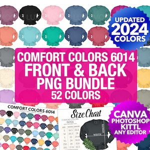 May include: A collection of 52 different colored long-sleeved shirts with a ruffle trim. The shirts are arranged in a grid pattern and labeled "Comfort Colors 6014". A size chart is included with measurements in inches. The text "Updated 2024 Colors" is displayed in a blue circle.