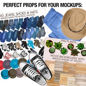 Puede incluir: Una colecci&oacute;n de accesorios digitales para maquetas, que incluyen jeans, zapatos, sombreros, plantas y fondos de madera. Los jeans son de varios tonos de azul y gris. Los zapatos son zapatillas negras y botas de vaquero. Los sombreros son un sombrero de vaquero y un fedora. Las plantas est&aacute;n en macetas y son de varios tonos de verde. Los fondos de madera son de varios tonos de marr&oacute;n.