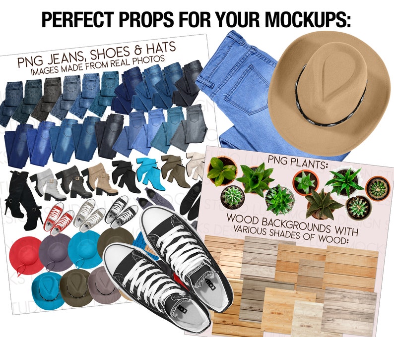 Puede incluir: Una colecci&oacute;n de accesorios digitales para maquetas, que incluyen jeans, zapatos, sombreros, plantas y fondos de madera. Los jeans son de varios tonos de azul y gris. Los zapatos son zapatillas negras y botas de vaquero. Los sombreros son un sombrero de vaquero y un fedora. Las plantas est&aacute;n en macetas y son de varios tonos de verde. Los fondos de madera son de varios tonos de marr&oacute;n.