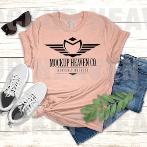 Bella Canvas 3001 T-shirt Mockup Heather Prism Peach Print On Demand Flat Lay Shirt Mockup Women&#39;s Mockup Bella Canvas Mockup