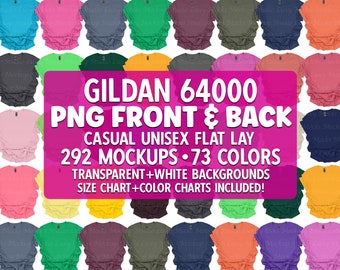May include: A collection of 292 Gildan 64000 unisex t-shirt mockups in 73 colors. The mockups are flat lay and include transparent and white backgrounds. Size and color charts are included.