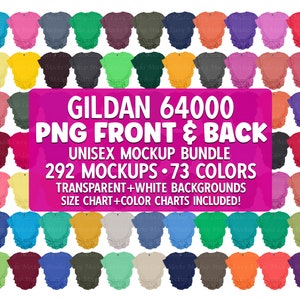 Ensemble de maquettes Gildan 64000, recto et verso, arrière-plan transparent g640 | Fêtes Été Printemps Automne + Nuancier et tableau des tailles