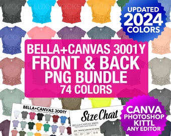 以下が含まれることがあります： さまざまな色の Bella + Canvas 3001Y ユースジャージー半袖Tシャツ 74 枚のセット。画像には、幅と長さの寸法がインチで表示されたサイズチャートが含まれています。テキスト「Bella + Canvas 3001Y」と「Front & Back PNG Bundle」は、大きく太字で表示されています。