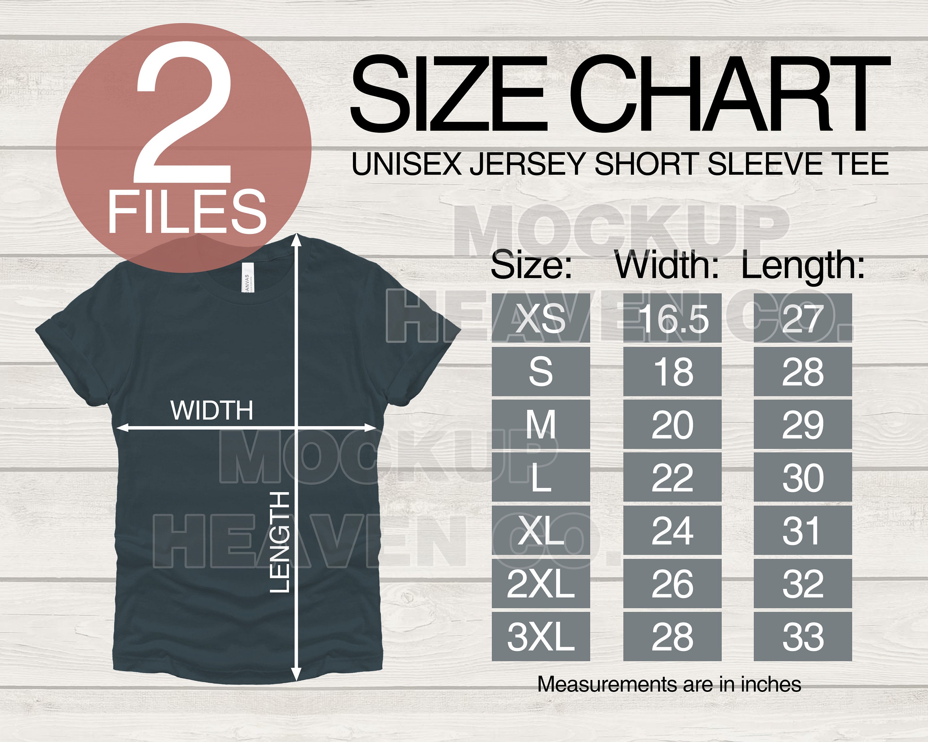 Bella + Canvas 3001 Size Chart Mockup: Unisex T-shirt (digital