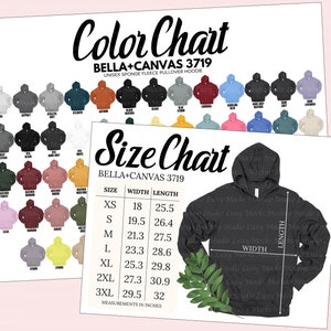 May include: A size chart for Bella + Canvas 3719 unisex sponge fleece pullover hoodies. The chart shows the width and length measurements in inches for sizes XS to 3XL.
