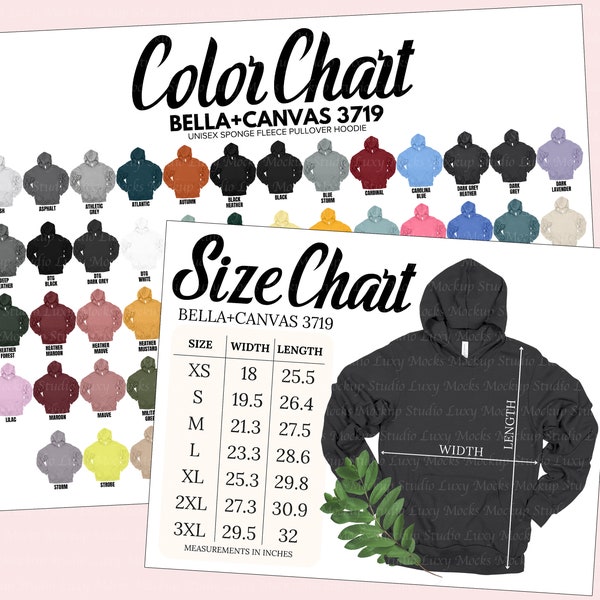 Bella Canvas 3719 Color Chart + Size Chart Bundle | 3719 Unisex Sponge Fleece Hoodie | Unisex Men Women | 3719 Color Chart Size Chart JPEG