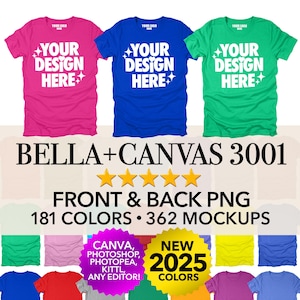 Maqueta de Bella Canvas 3001 Tagless PNG, parte delantera y trasera, para hombre y unisex, con plantillas de Canva editables, tabla de colores y tallas, maqueta de camiseta